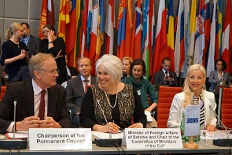 Marina Kaljurand presenting Estonia's Council of Europe chairmanship priorities at the Permanent Council of the OSCE. Photo: vm.ee