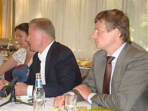 Bertolt Flick and Janis Vangs at the press conference in Riga, 28.07.2010.
